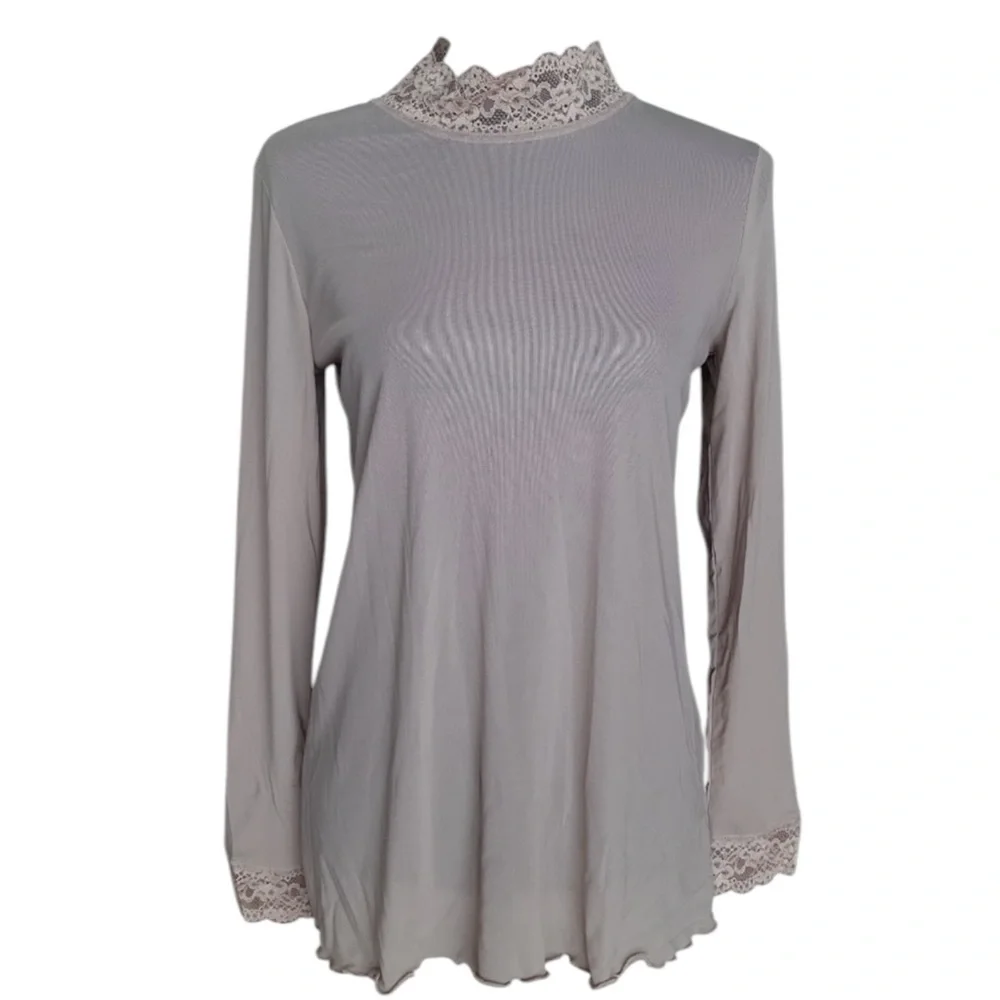 LOGO by Lori Goldstein Sheer Lace Trim Long Sleeve Top in Beige Size XL - Picture 4 of 11